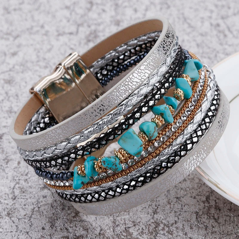 Boho Stone Leather Wrap Bracelet