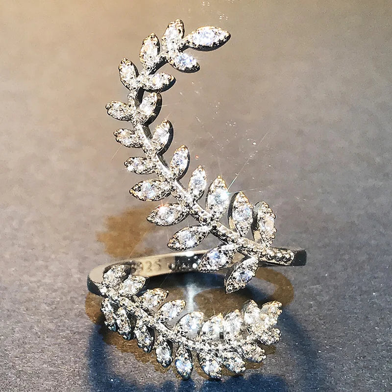 Crystal Graceful Leaves Open Ring