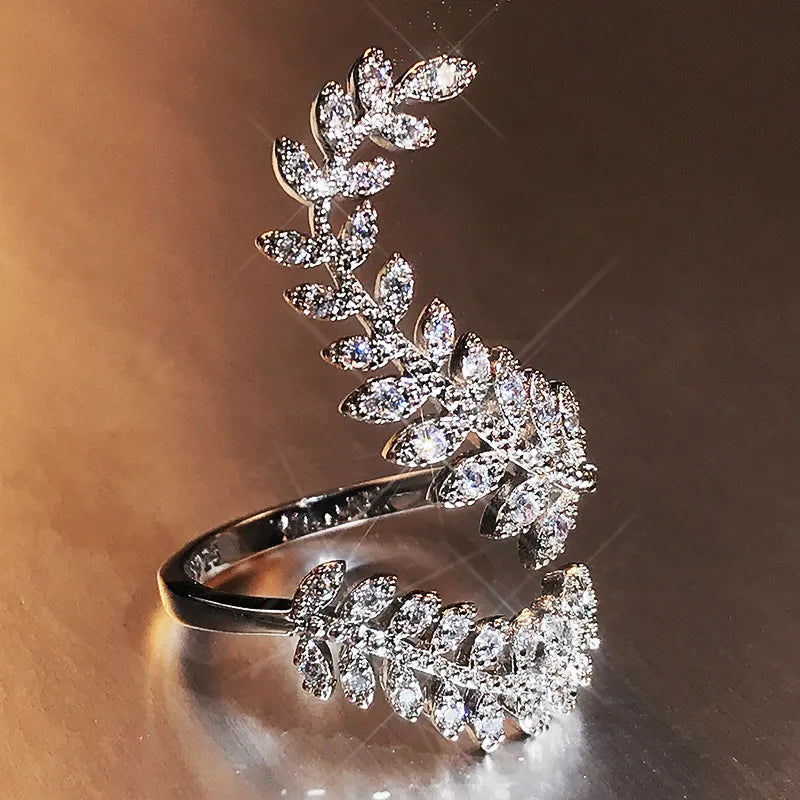 Crystal Graceful Leaves Open Ring