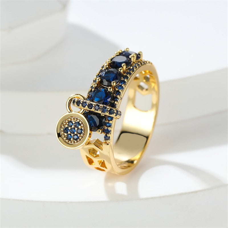 Blue Green Purple Silver Five Zircon Ring