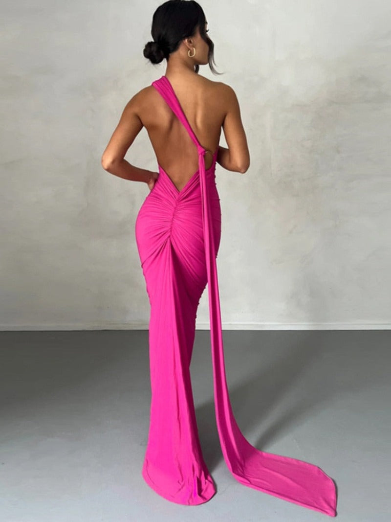 Oblique Shoulder Backless Maxi Dress