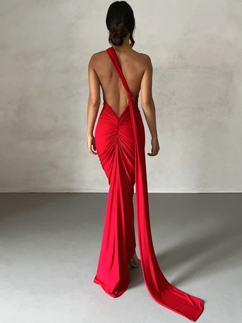 Oblique Shoulder Backless Maxi Dress