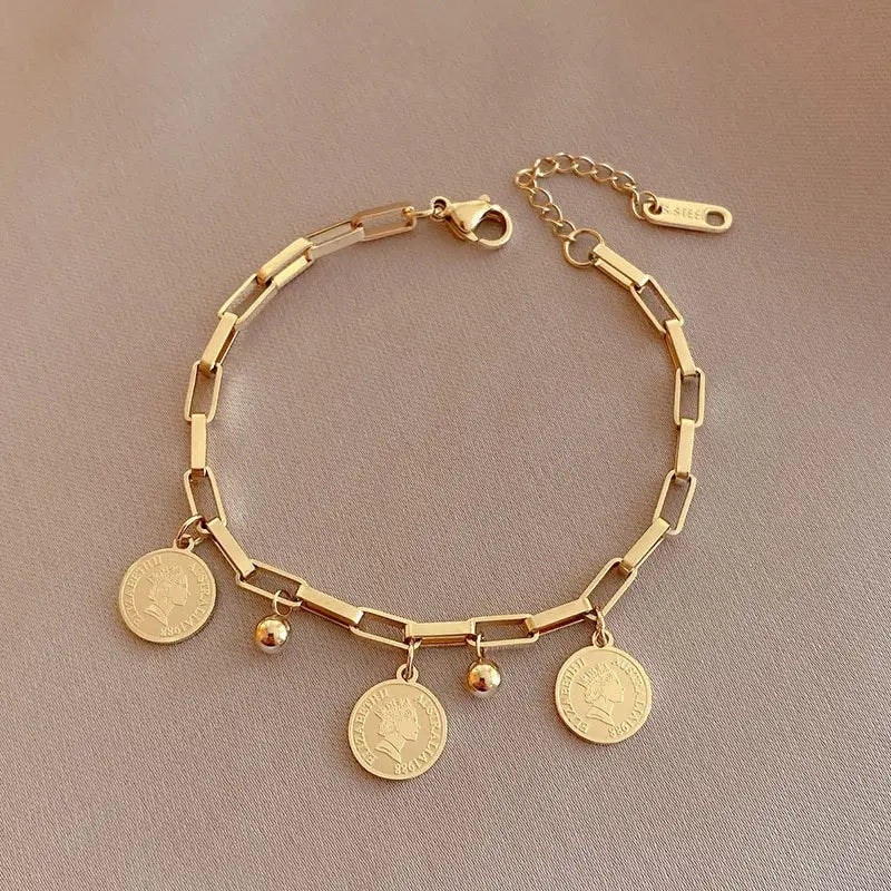Stunning Gold-Color Hip Hop Bracelet with Round Portrait Pendant & Cross Chain