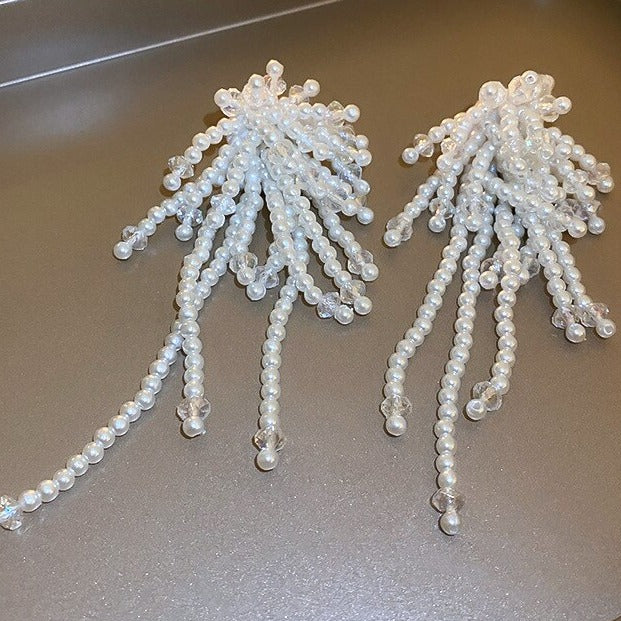 Crystal Pearl Flower Tassel Long Earrings