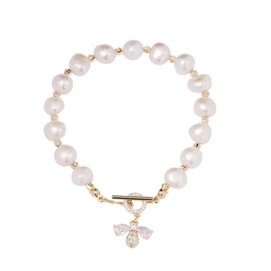 Lustrous Pearl and Bee Charm Bracelet