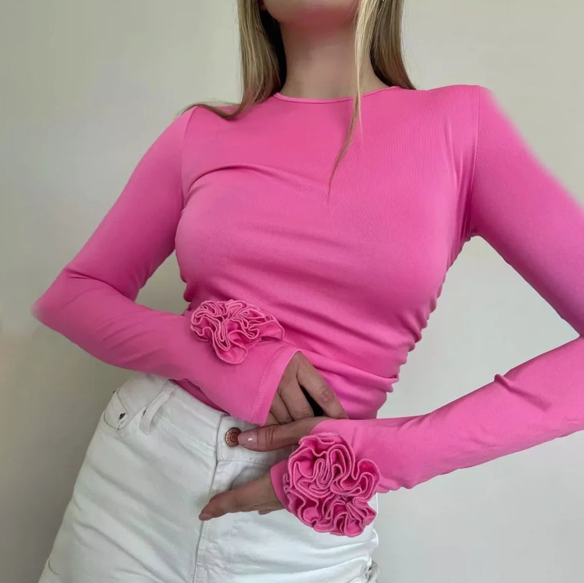 3D Flower Long Sleeve Slim Top