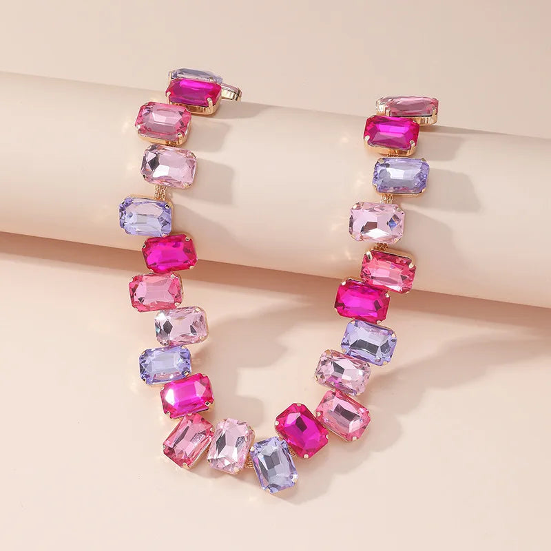 Pink Prism: Elegant Square Crystal Choker Necklace