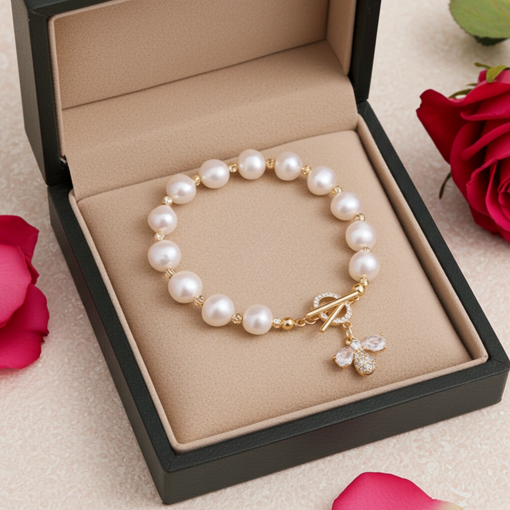 Lustrous Pearl and Bee Charm Bracelet